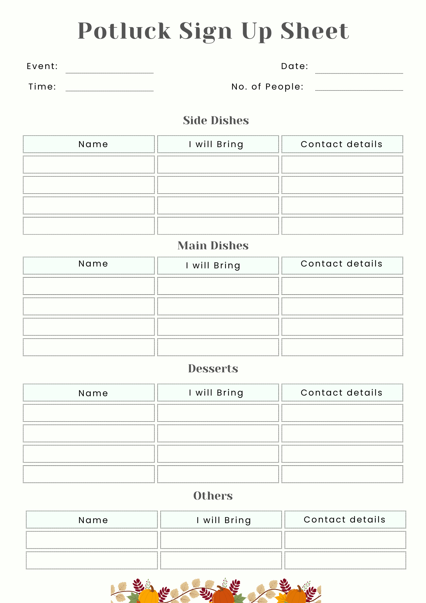 Potluck Sign Up Sheet Printable